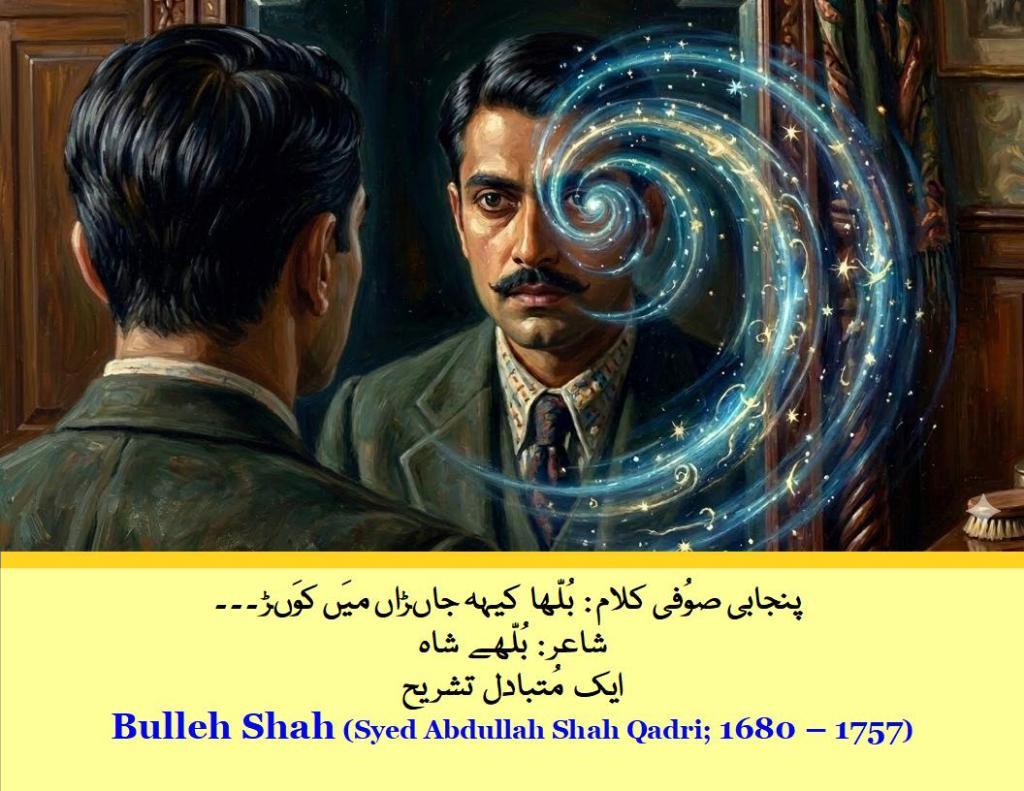 A man looks into his reflection in the mirror. He feels as if his Soul is peering at him from behind his eyes. The Soul has passed through so many reincarnation cycles that it is trying to recognize the man. Who are you? his Soul asks him.